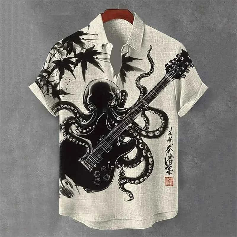 New Men's Short Sleeve Shirt Black Octopus Drum Rock Guitar Art Print Harajuku Vintage Flap Top Sandy Beach