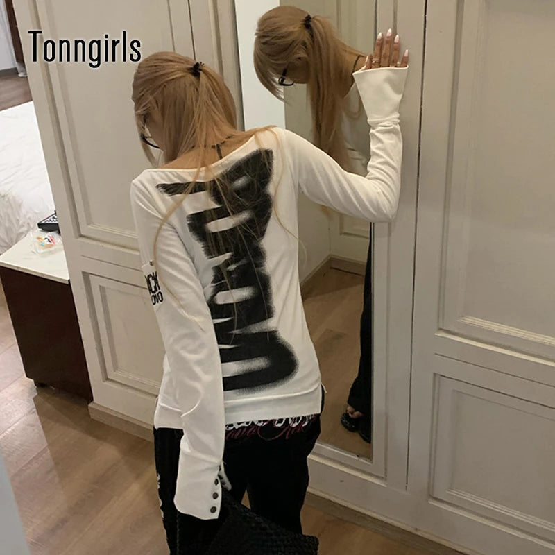 Tonngirls American Retro Print T-shirt Women Long Sleece Button Graphic Tops Y2k Tops 2000s Japanese Grunge Tops E-girls Autumn