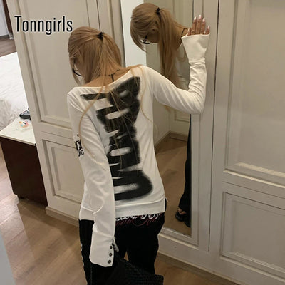Tonngirls American Retro Print T-shirt Women Long Sleece Button Graphic Tops Y2k Tops 2000s Japanese Grunge Tops E-girls Autumn