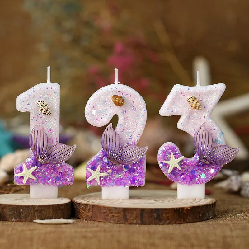 Mermaid Tail Birthday Candles with Starfish, Number Candles, Creative Cake Decorations for Birthday Party, DIY Party Decoration