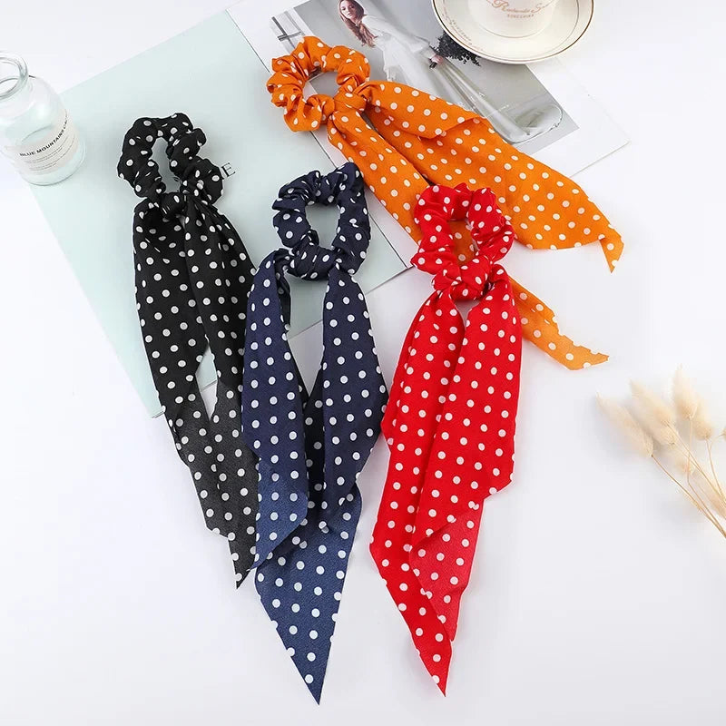 Fashion Flower Print Bow Satin Long Ribbon Ponytail Scarf Tie Scrunchies Women Girls Elastic Bands Hair Accessories