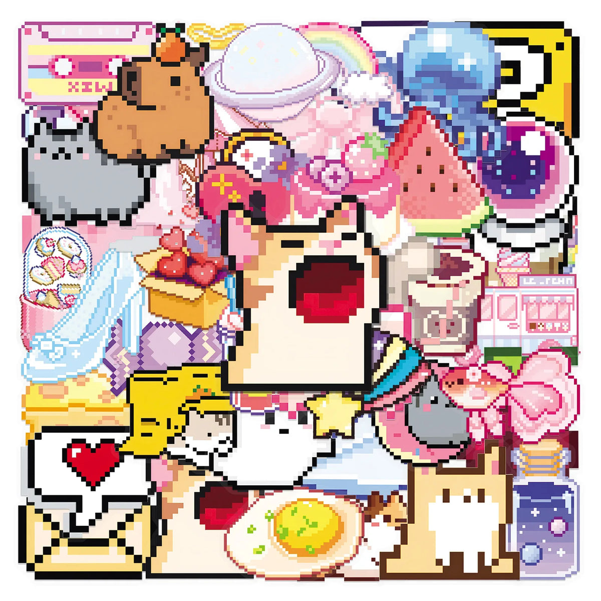 50Pcs Cute Pixel Game Stickers Kawaii Girls Cat DIY Stickers Scrapbooking Phone Luggage Skateboard Waterproof Decals