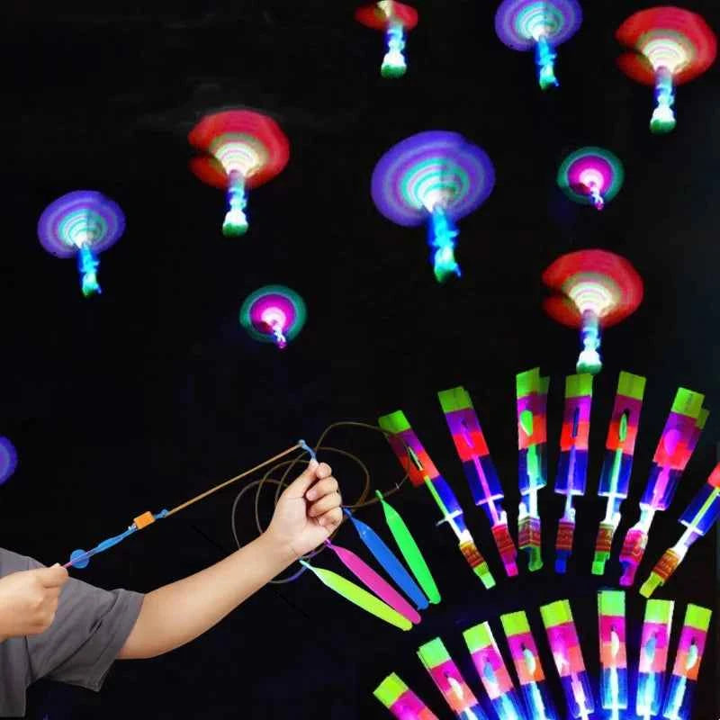 Outdoor Flash Rocket toy LED Lights Glowing Slingshot Rocket Helicopter Flying Toy Party Fun Gift Rubber Band Ejector Toys