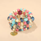 4Pcs Bohemia Acrylic Beaded Bracelet Set For Women Solid Heart Charm Elastic Chain Bangle Men Retro Daily Wear Jewelry Gift