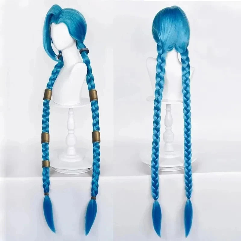 LOL Jinx Cosplay Wig Long Braided Blue The Loose Cannon Wig with Blue Braid Heat Resistant Synthetic Hair Anime Wigs