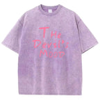 Fashion Womans Cotton Washed T-shirts The Devil's Moon Letter Prints Tops Casual O-Neck Oversize Tees Street Female Clothes