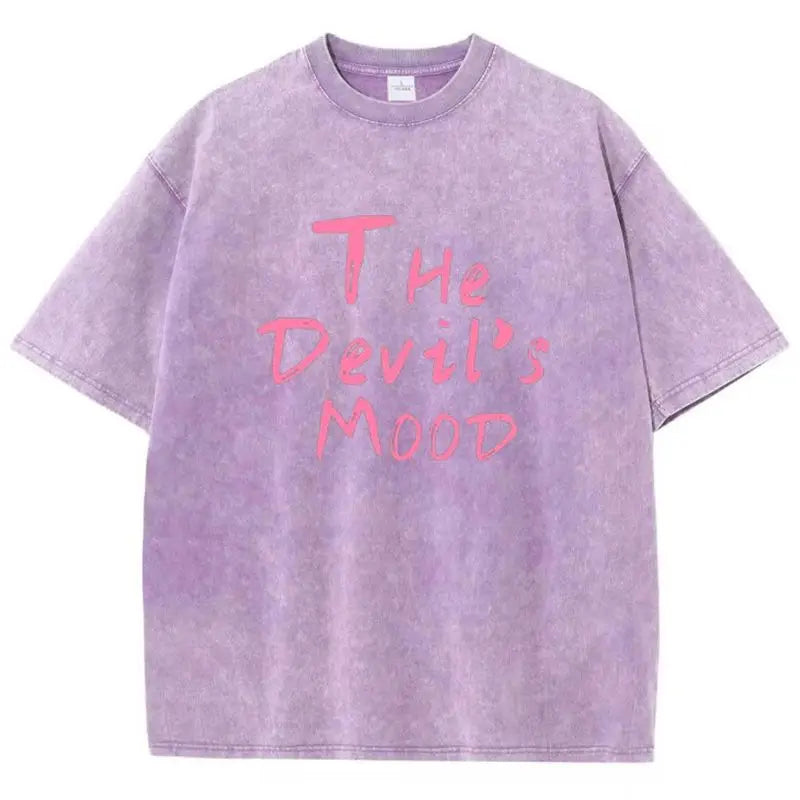 Fashion Womans Cotton Washed T-shirts The Devil's Moon Letter Prints Tops Casual O-Neck Oversize Tees Street Female Clothes