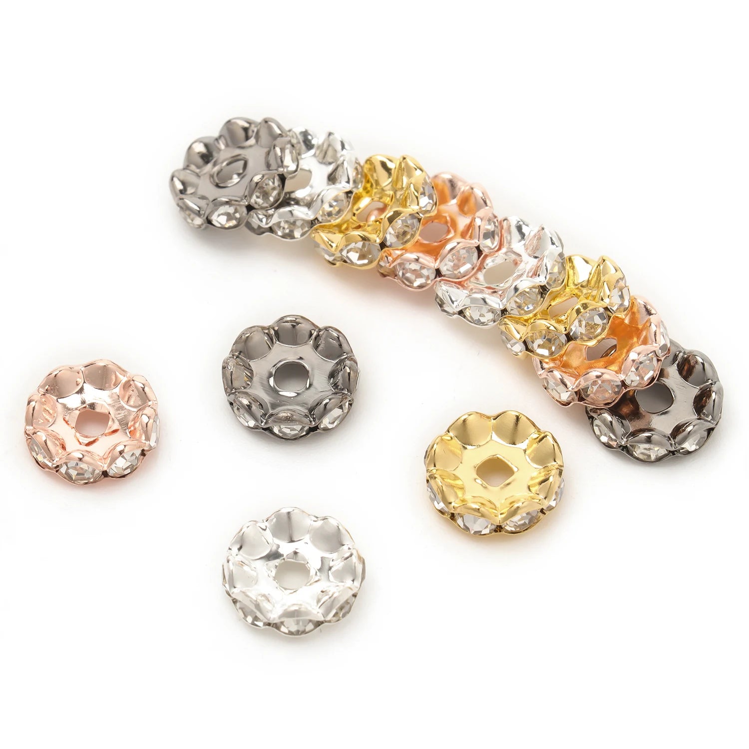 30pcs/lot 12mm Wave Side Rhinestone Spacer Beads Colorful Crystal Metal Rondelle for Jewelry Making Diy Crafts Accessories