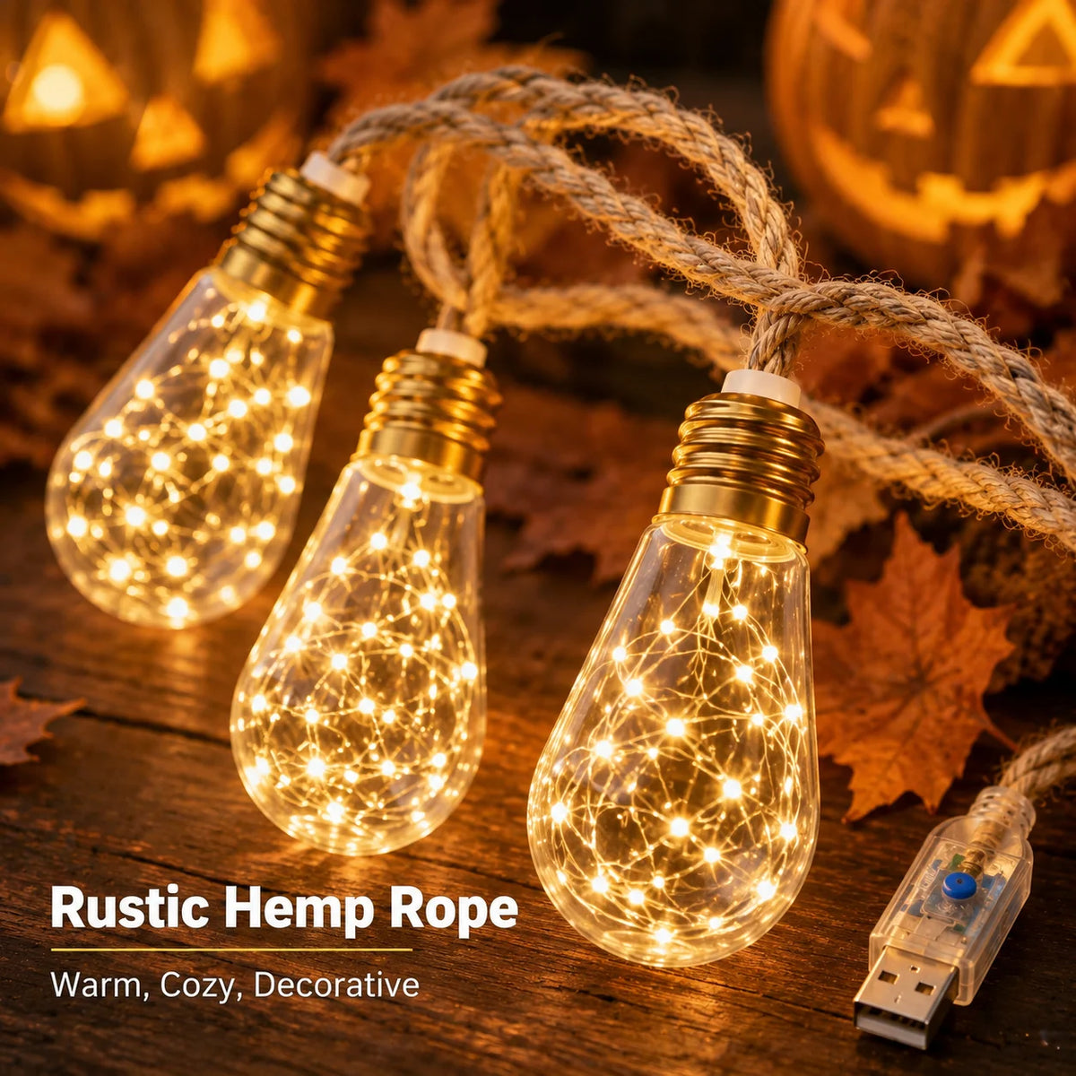 Halloween Lights USB Hemp Rope Edison Bulb String Lights 8/16/24LED Warm White 8 Modes for Porch Patio Garden Party Decor