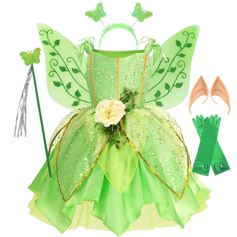 Girls Tinkerbell Fairy Costume – Green Princess Dress Outfit