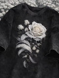 Dark Black Rose Graphic Print T Shirt Washed Vintage Casual Loose Streetwear Daily Wear Short Sleeve Goth Top for Women