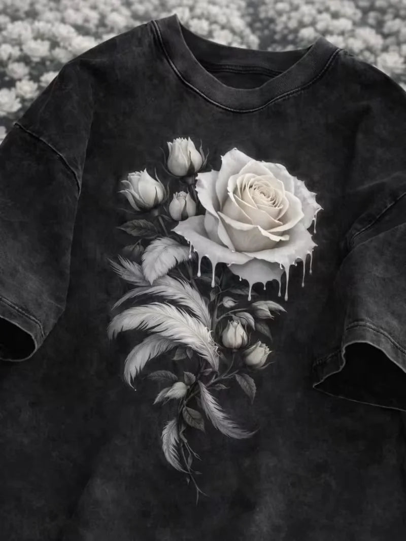 Dark Black Rose Graphic Print T Shirt Washed Vintage Casual Loose Streetwear Daily Wear Short Sleeve Goth Top for Women
