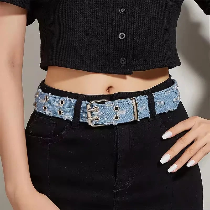1PC New Fashion Luxury Belt Black Punk Accessories Blue Denim Girdle HipHop Y2k Star Hollowed Pin Buckle Waistband，For Men Women