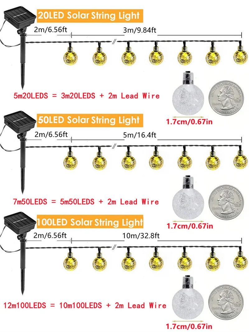 LED Solar String Lights Outdoor Crystal Ball String Light 8 Modes Lighting Solar Camping Lamp for Halloween Christmas Decoration