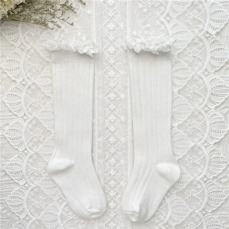 Ruffle Girls Knee High Socks Baby Kids Toddlers Long Soft Cotton Sock Lace Flower Children School Uniform Socks For 0-8Years