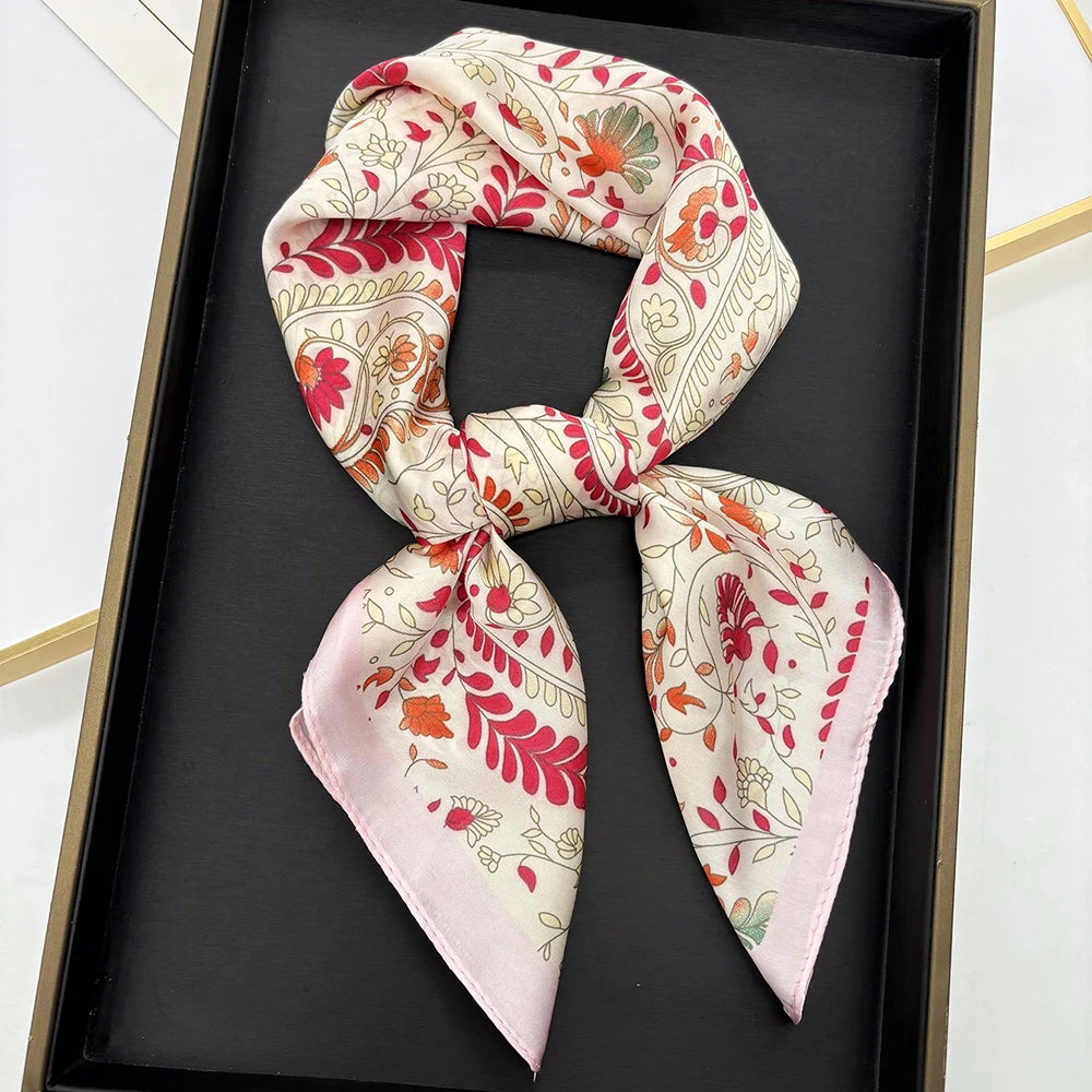 70cm Pink Floral Silk Scarf for Women Simulated Silk Fresh and Elegant Versatile Headwear Clothing Bags and Square Scarf
