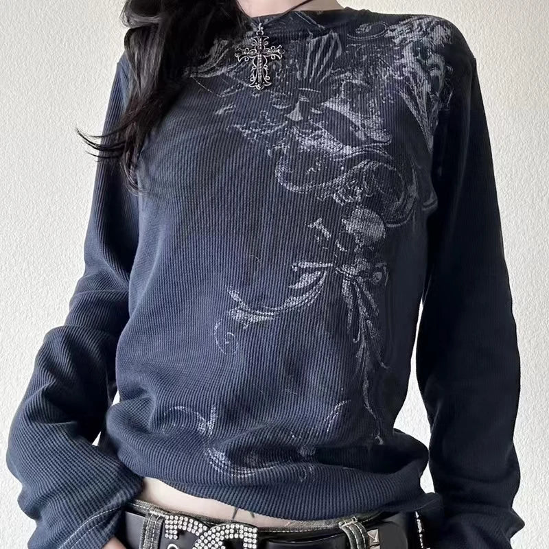 Y2K Hottie Grunge Cyber Mall Goth Thermal T-shirt Skulls Graphic Printed Long Sleeve Pullovers Tops Women Vintage Aesthetic Tees