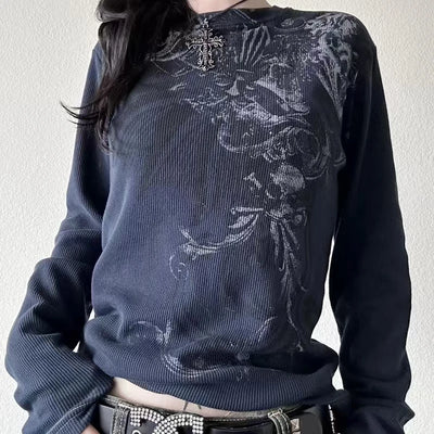 Y2K Hottie Grunge Cyber Mall Goth Thermal T-shirt Skulls Graphic Printed Long Sleeve Pullovers Tops Women Vintage Aesthetic Tees