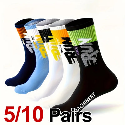 5/10 Pairs Men Letter Printed Mid Tube Socks Street Style Sweat Absorbing Breathable All Season Casual Sports Basketball Socks
