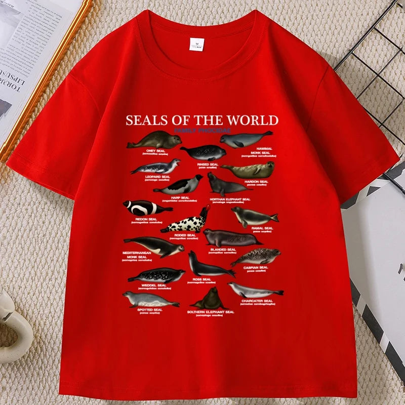 Seal Tshirt Y2k Seals of The World T-shirt 90s Retro Tee Crewneck Animal Tshirt Casual Loose Cotton Short Sleeve Print Clothes