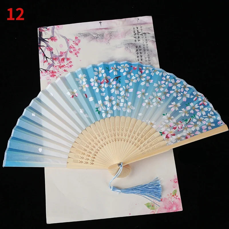 Vintage Silk Folding Fan Bamboo Tassel Decorative Hand Fan