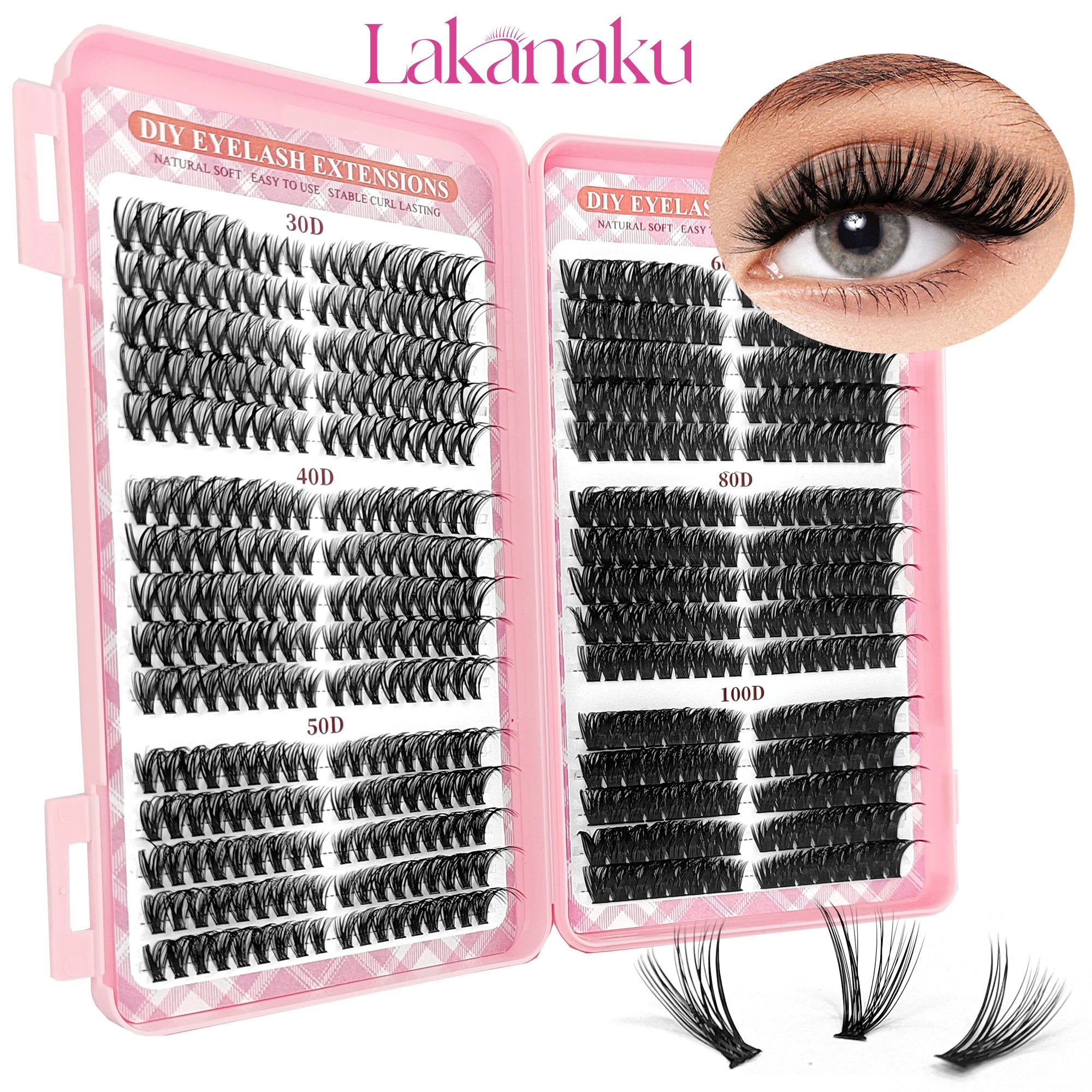LAKANAKU 168 Fans Diy Cluster Lashes Cat Eye Lashes Invisible Band Premium Mink Manga Lash Clusters