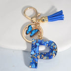 Fashion Blue Glazed Stone A To Z Letter Keychain 26 Initials Alphabet Butterfly Tassel Pendant Car Key Chain Women Jewelry GIfts