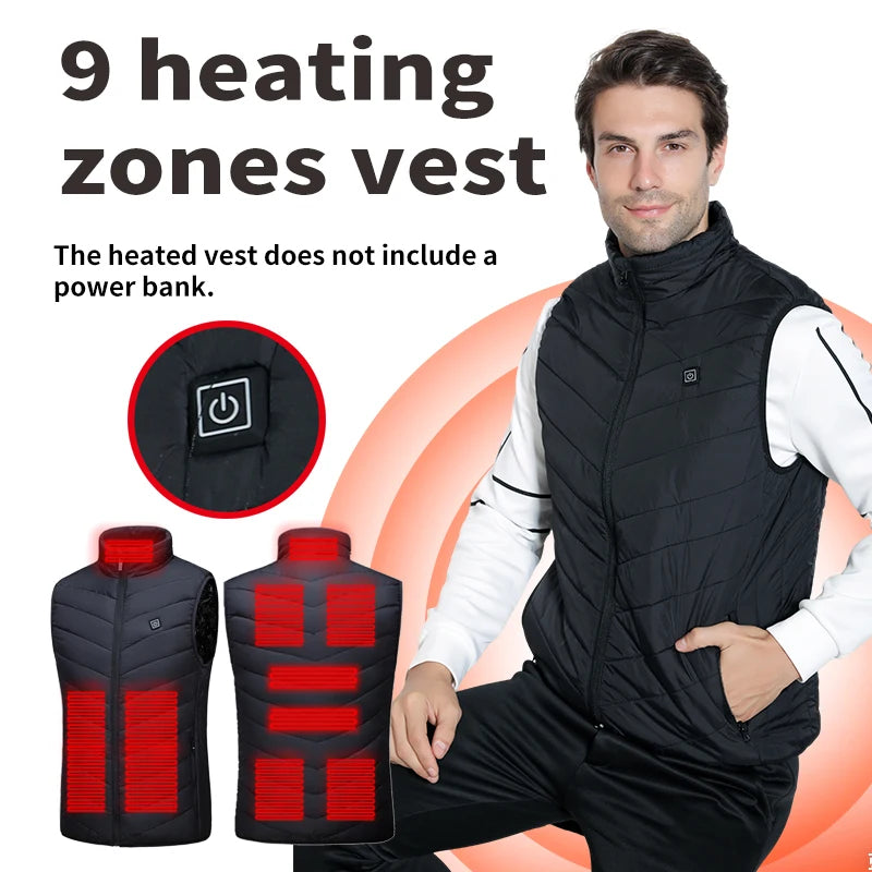 Men's Winter 9-Zone Smart Heated Vest—Warm Jacket Vest, USB-Powered, Outdoor Casual, Cold-Weather Protection