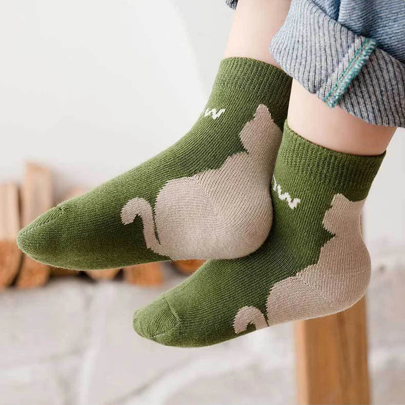 5 Pairs Kids Socks Cartoon Cat Pattern Comfortable Breathable Children Socks For Boys And Girls