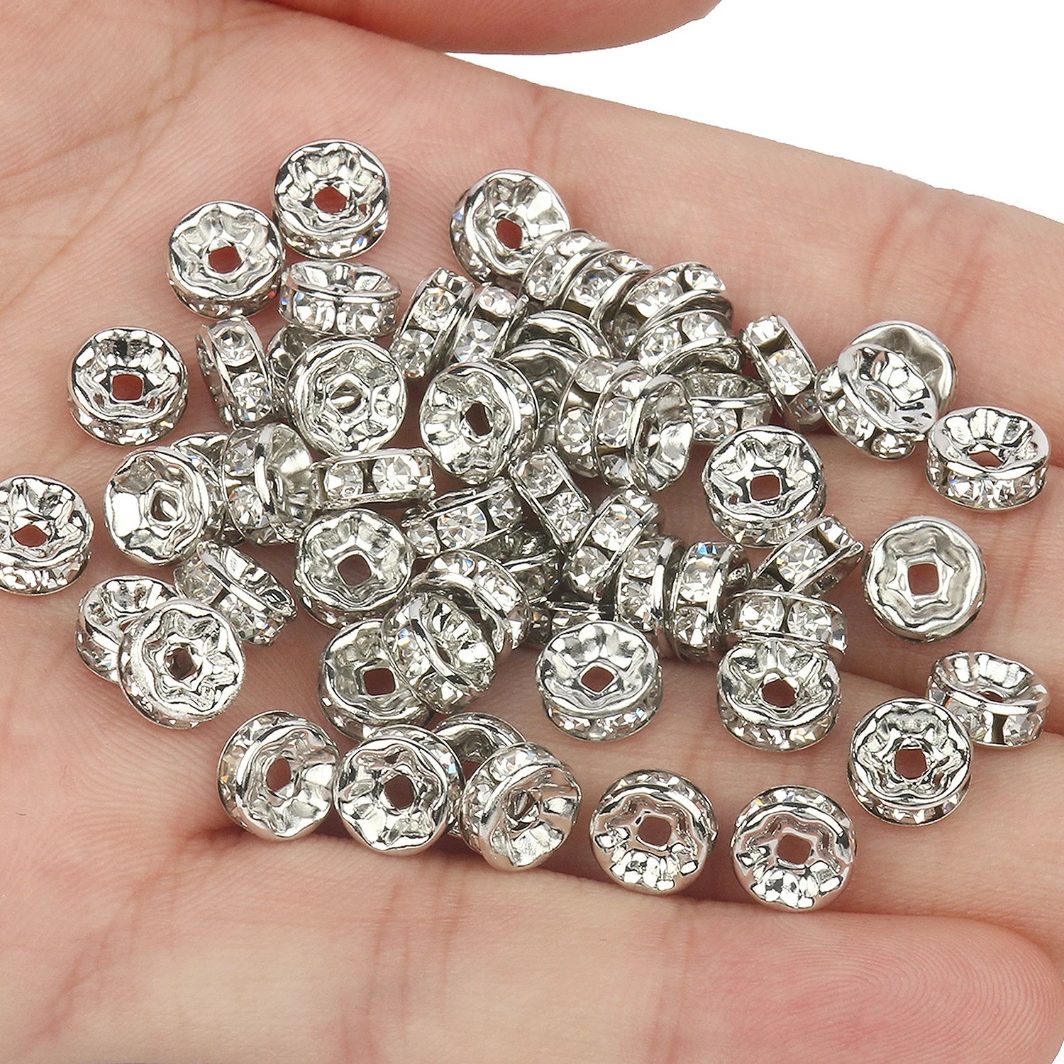 50pcs Rhinestone Spacer Beads Multi-color Crystal Metal Spacers Rondelle Beads for Jewelry Making DIY Bracelets Accessories