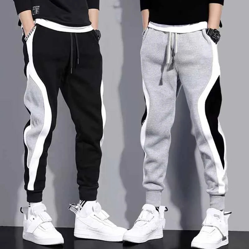 Autumn Men's Wide Loose Casual Pants Mens Patchwork Nine-point Sports  Elastic Rope Breathable Tie-foot Trousers