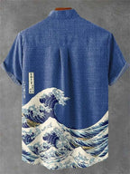 Summer Men's Short Sleeve Shirt Wave Vintage 3D Printed Casual Fashion Linen 100% Men's Beach Holiday Short Sleeve Shirt