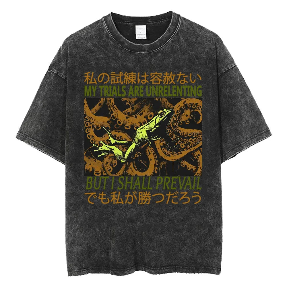 Creepy Cute Animal Graphic T-Shirts Vintage Washed Black Tees Funny Horror & Relatable Quotes Perfect for Anime Fans Streetwear