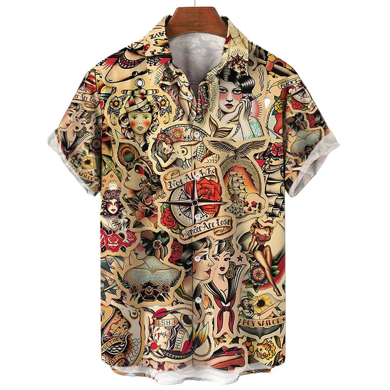 3D Print Monkey Skeleton Scissors Shirts Men Animal Patterns Button Shirt Summer Hawaii Short Sleeves Casual Loose Aloha Shirts