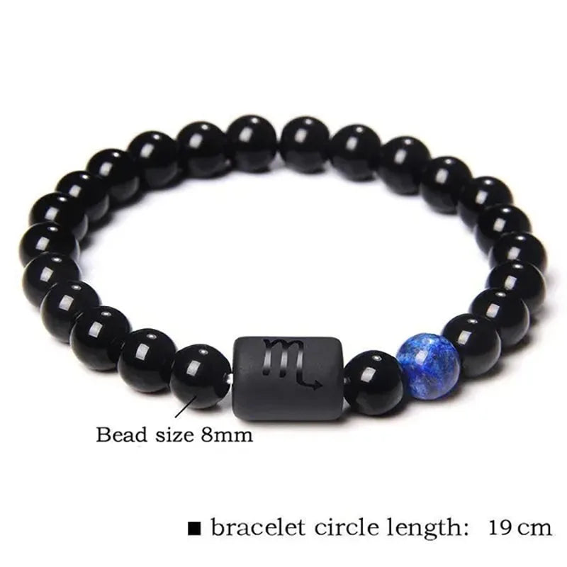 12 Constellation Zodiac Signs Beads Couples Bracelet Natural Black Onyx Stone Elastic Charm Bracelet for Women Men Birthday Gift