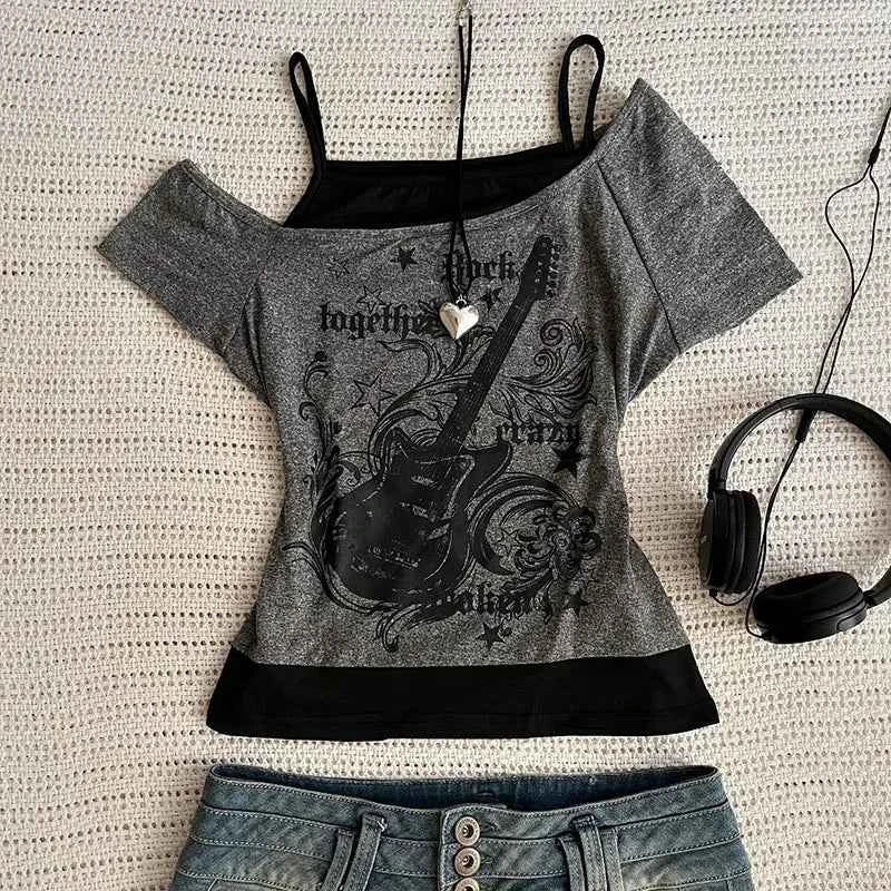 Y2k Slim Fit Print Tops Women Off Shoulder Short Sleeve Tee Shirt Neploe American Vintage Fake Two Piece Halter Lace Up T-shirts