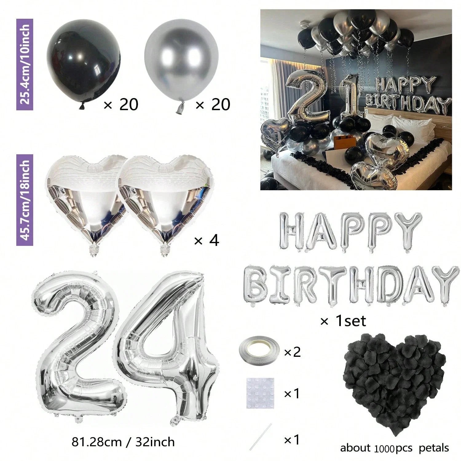 1050/21/200pcs Black & Silver Party Balloons Decorations, Silver Happy Birthday Banner, Chrome Silver Latex Balloons