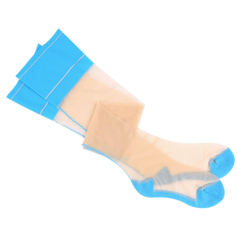 Vintage Cuban Heel Back Seam Thigh High Stockings Oil Shiny Ultra Thin Transparent Silk Hosiery Women Sexy Patchwork Lingerie