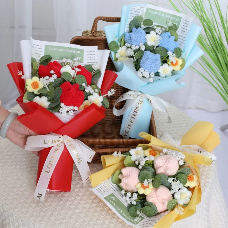 Finished Knitted Flowers Sunflowers Crochet Bouquet Creative Knitted Flowers Valentine Mothers' Day Birthday Graduation Gifts
