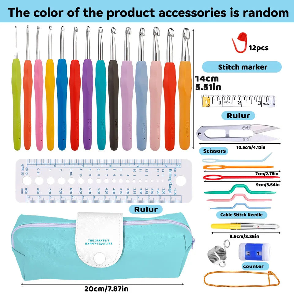 IMZAY Colorful Rubber Handle Knitting Needles Kit With Sewing Clips Plastic Needles Staniless Steel Scissors Crochet Hooks Set