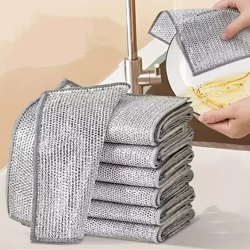 1/50pcs Magic Dishcloth Silver Wire Cleaning Kitchen Cloth Thickened Microfiber Wash Towel Built-in Sponge Steel Wire Ball Rag