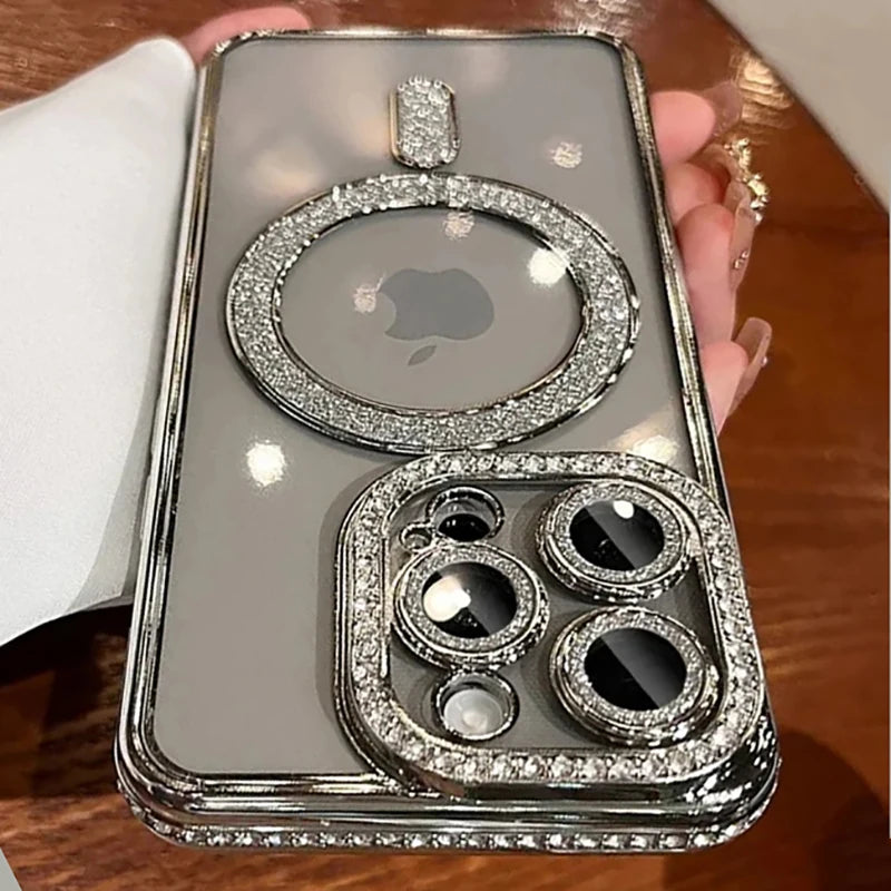New Fashion Glitter Diamond Transparent Case For iPhone 16 15 14 13 17 12 Pro Max 16 Plus Magnetic Wireless Charge Bumper Cover