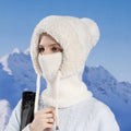 Women Winter Velvet Knitted Woolen Balaclava Hat Ear Protection fluffy Hat Mask Neck Integrated Warmth Cover Hat lady hooded cap