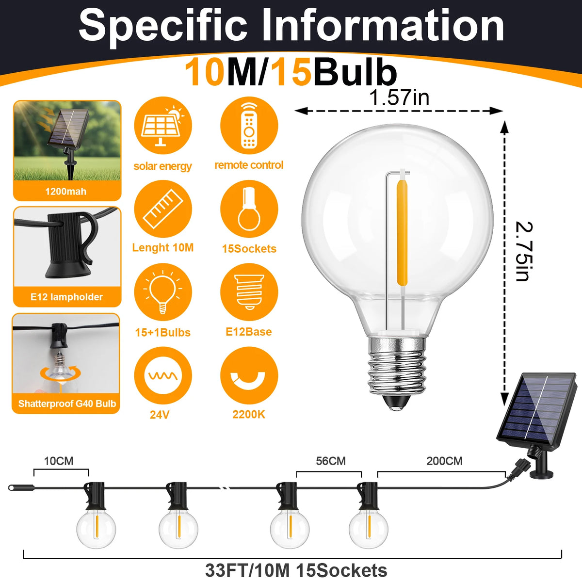 Led G40 Solar Globe Led String Lights Outdoor Waterproof Shatterproof Solar Hanging Lights for Backyard Bistro Decoration Light