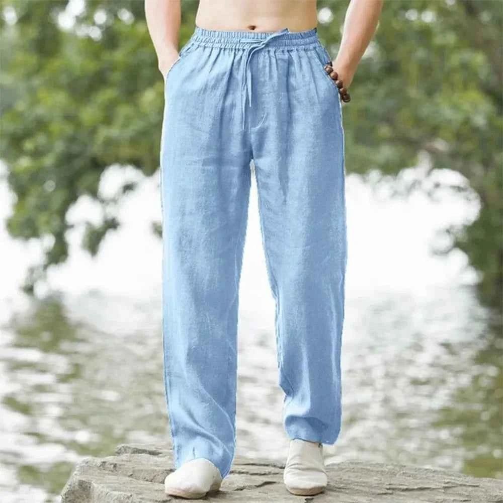 2025 summer men's cotton and linen oversized wide leg pants, men's artistic style elastic waist solid color casual loose pants