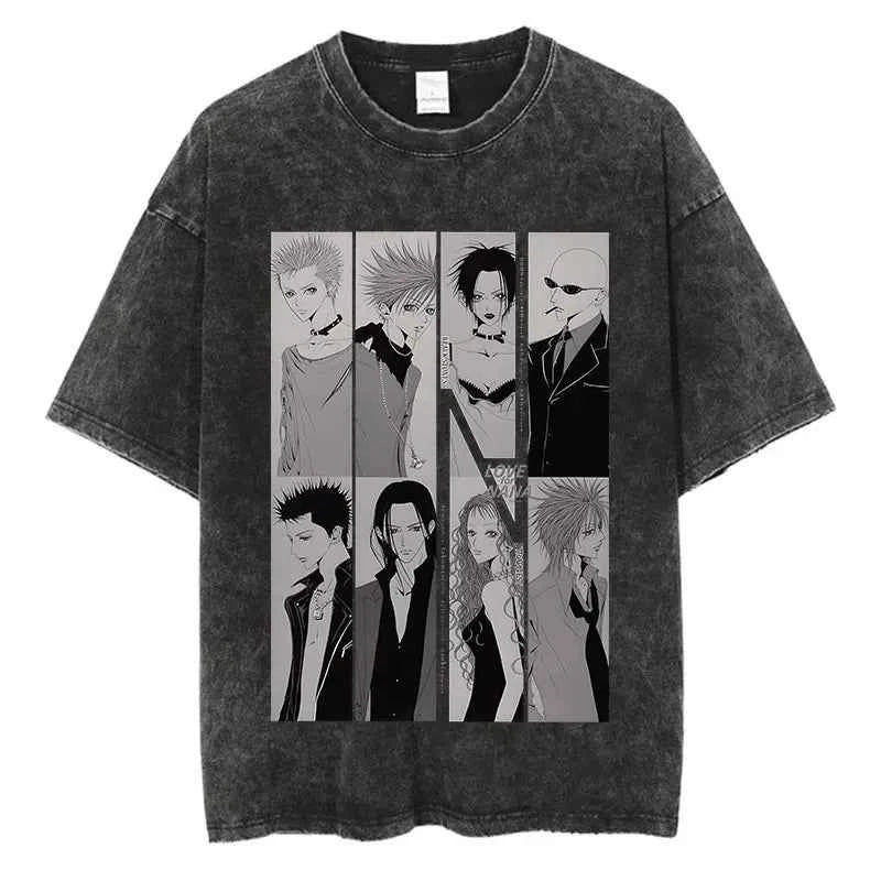 Japanese Anime Nana Osaki Print Vintage Washed Tshirt Harajuku Streetwear Graphic T-Shirt Summer Short Sleeve Cotton Tshirt