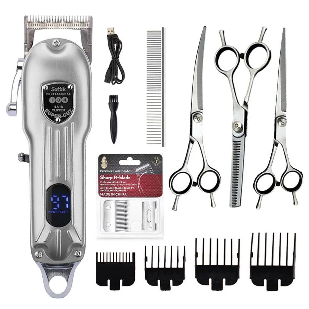 Hair cutting kit with clipper, scissors, and attachments on a white background