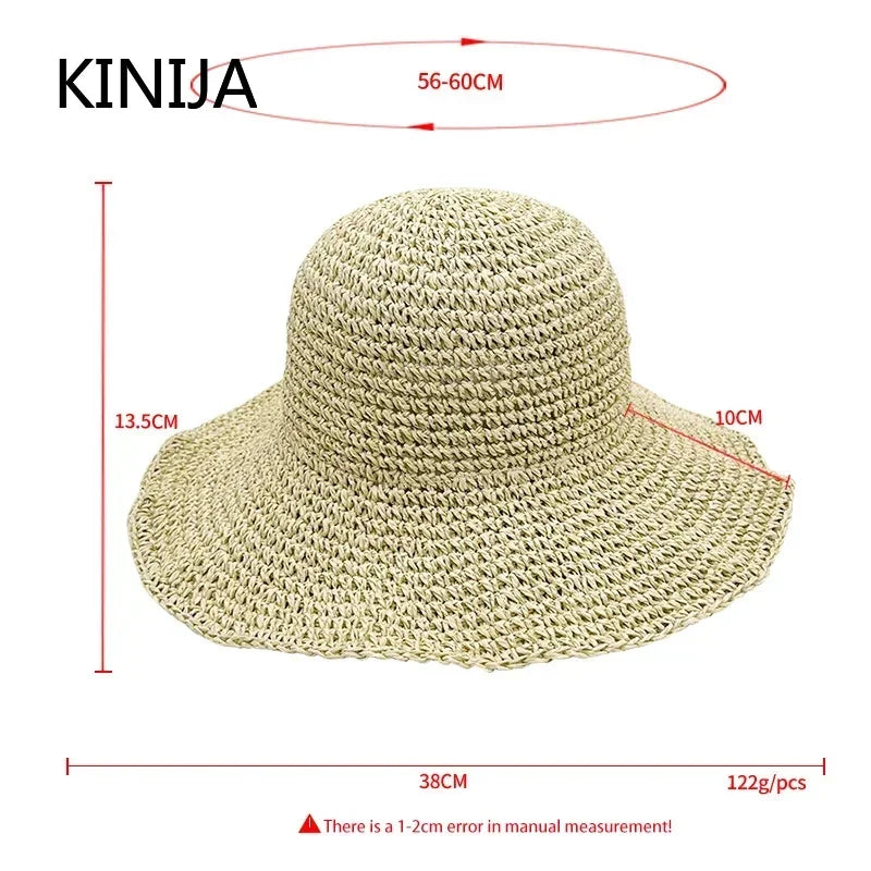 Beach Hat Female Sunscreen Cap Simple Women Panama Straw Hat Summer Sun Hat for Women Lady Folding Travel Caps 10cm Brim Floppy