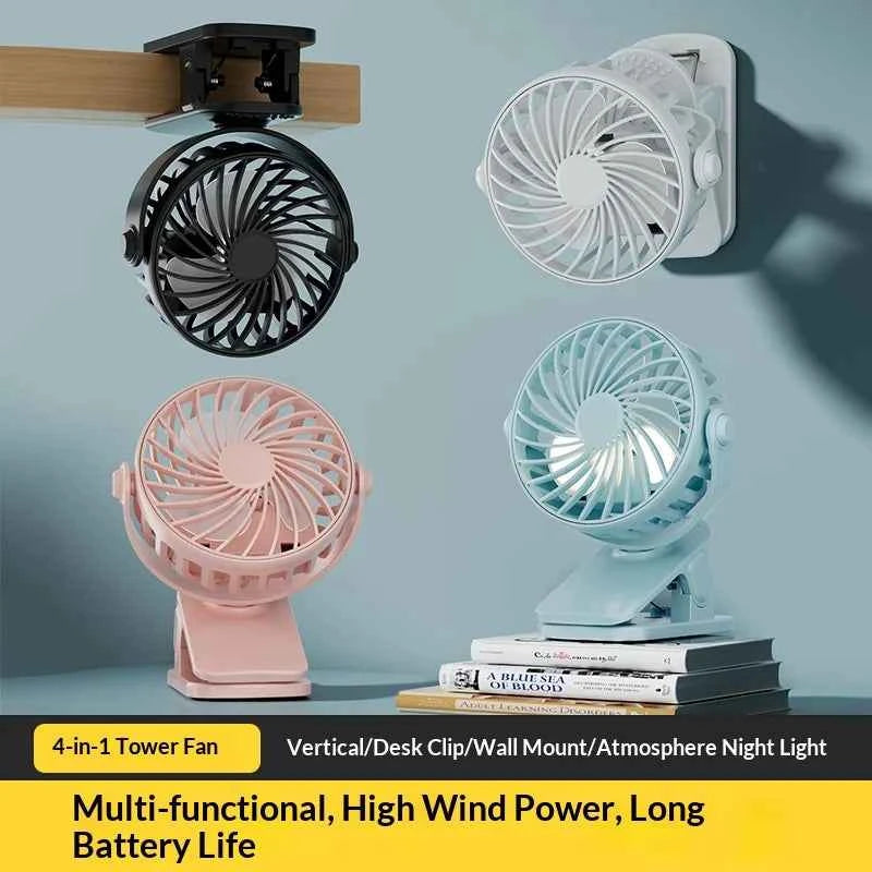 HOMEFISH Portable Rechargeable Clip Fan 720° Rotatable Hanging Fan with Night Light Air Cooler for Outdoor Camping Ventilador