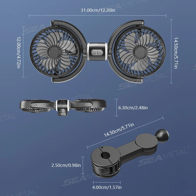 SEAMETAL Car Cooling Fan Headrest Double Head Fans Multi Angle Rotation 3 Speed Adjustable Cooler Air Fan for Car Accessories
